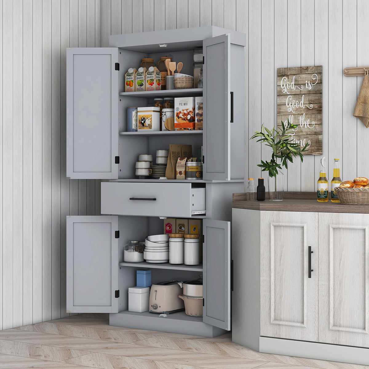 Farmhouse Kitchen Pantry Cabinet with 4 Barn Doors – 30"W x 72"H