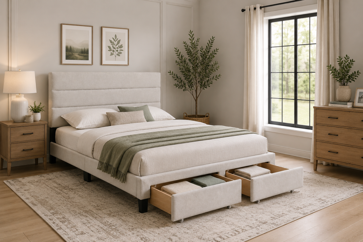 Channel-Tufted Solid Wood Platform Storage Bed