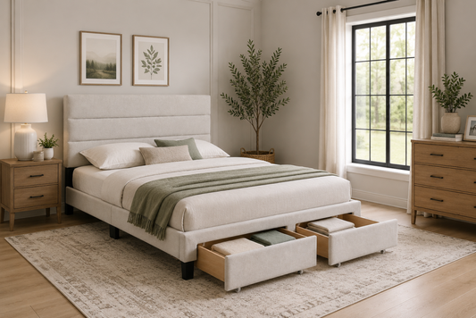 Channel-Tufted Solid Wood Platform Storage Bed