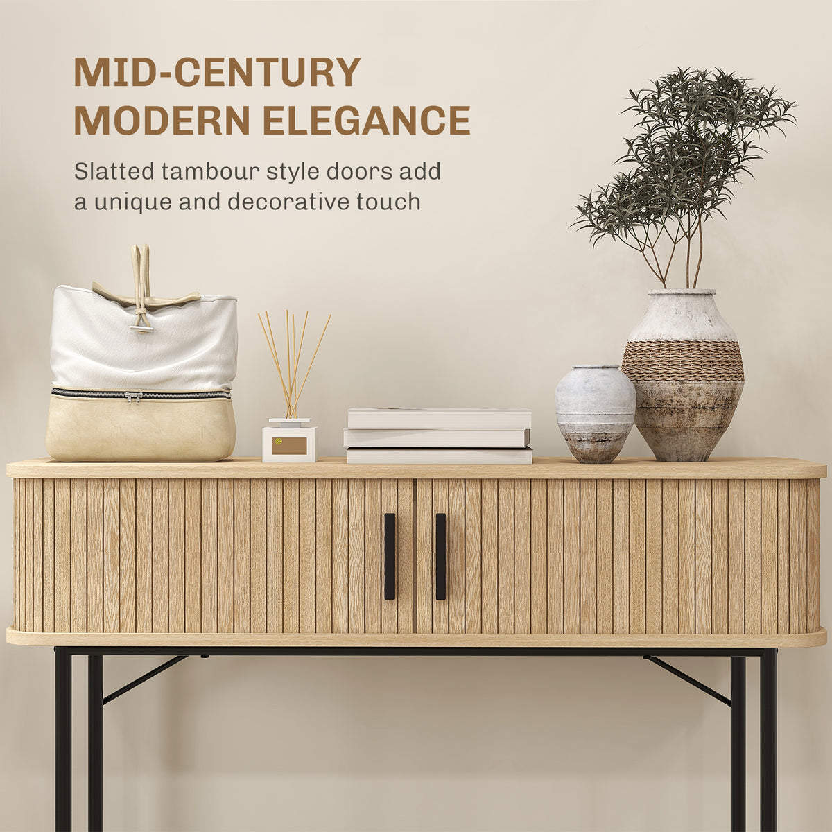 Mid-Century Entryway Console Table with Storage Compartments, Oak