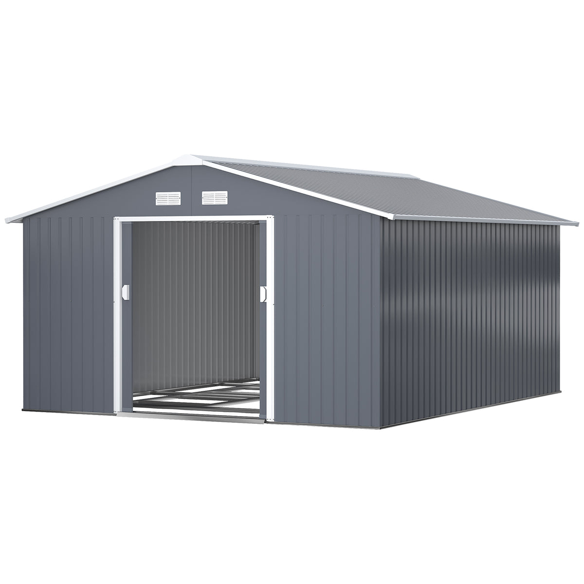 11' x 13'Garden Storage Shed w/ Foundation Kit Metal Tool Storage House w/ Double Doors – Grey