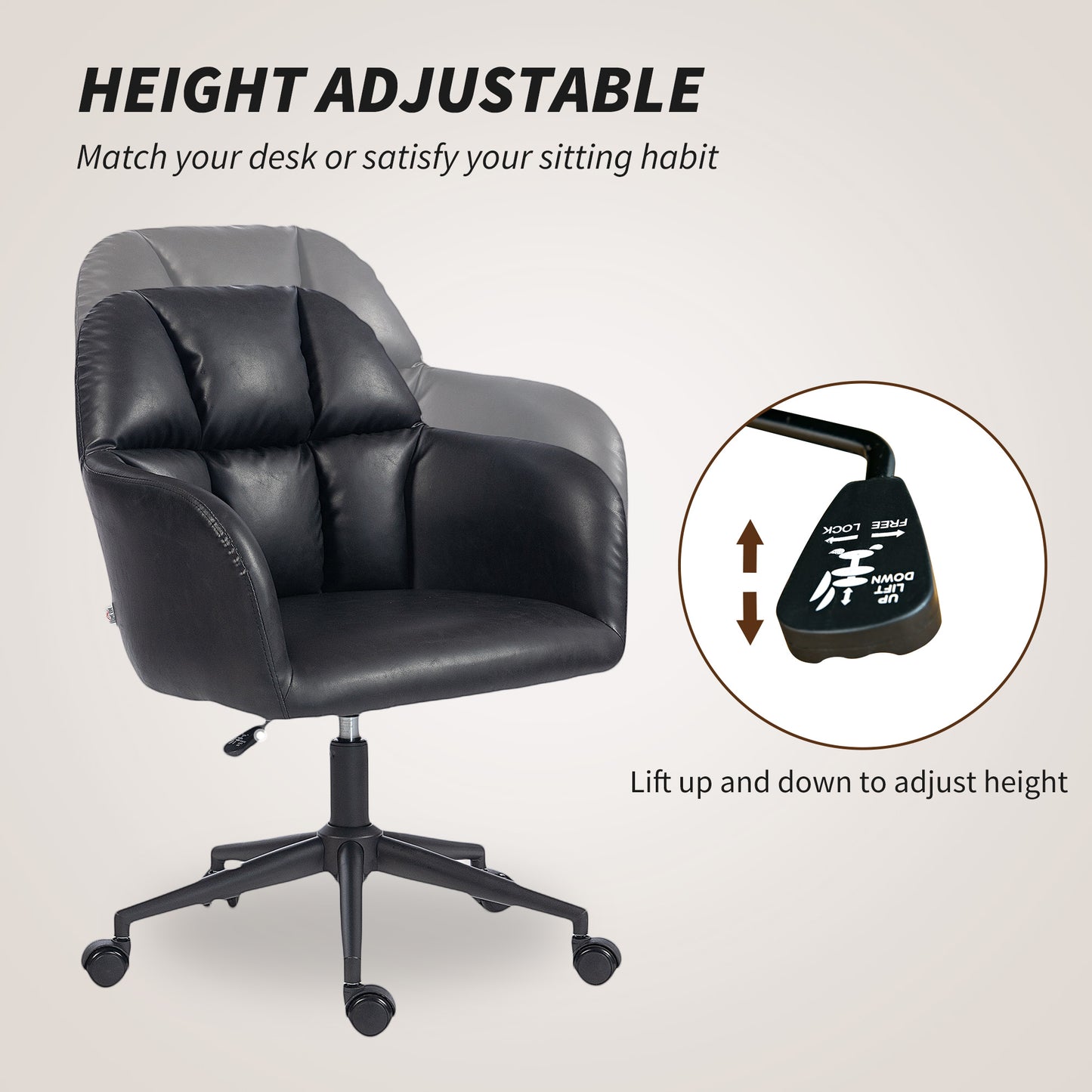 HOMCOM Modern Faux Leather Swivel Office Chair, Adjustable Height, Ergonomic Desk Seating