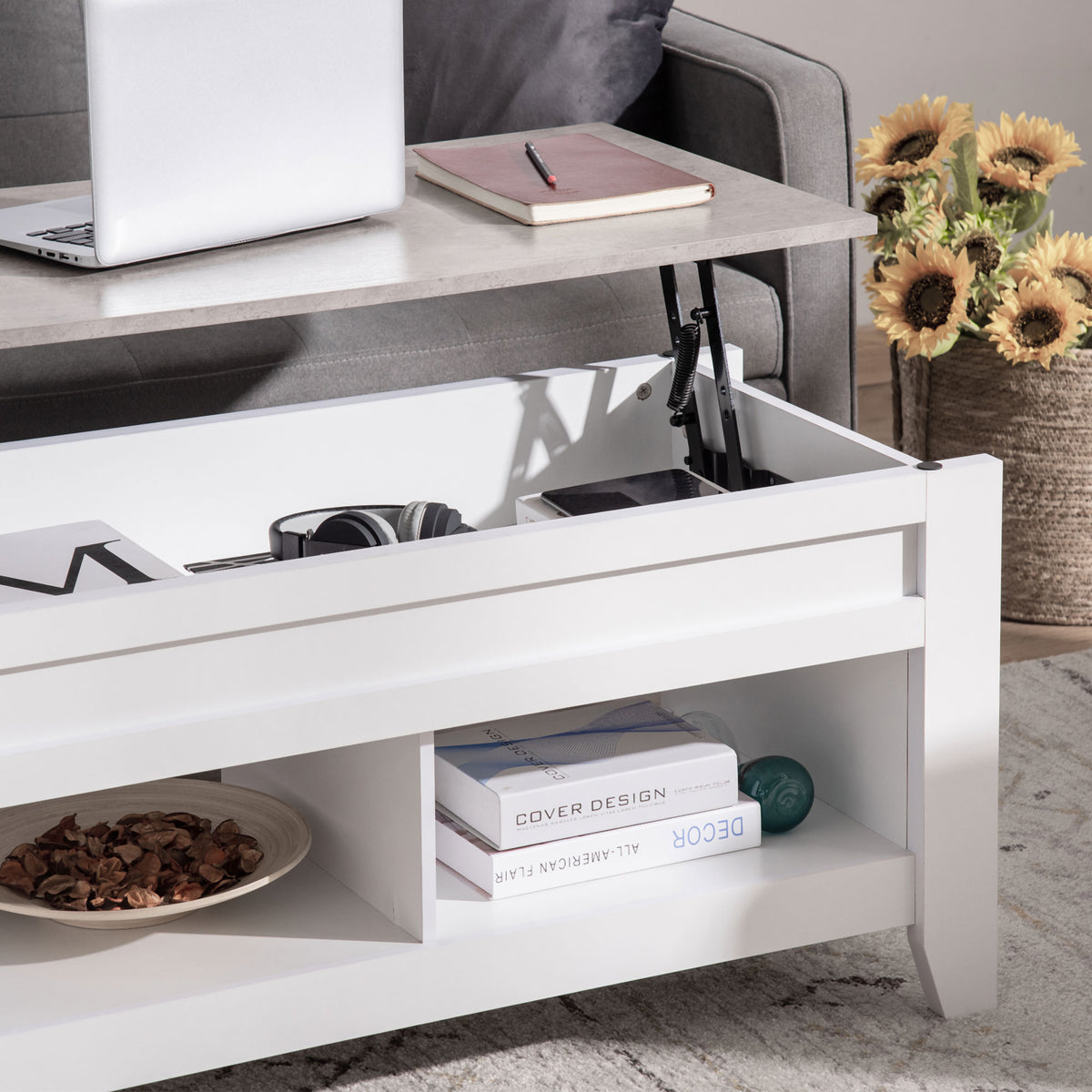 Lift-Top Coffee Table with Hidden Storage and Open Shelves