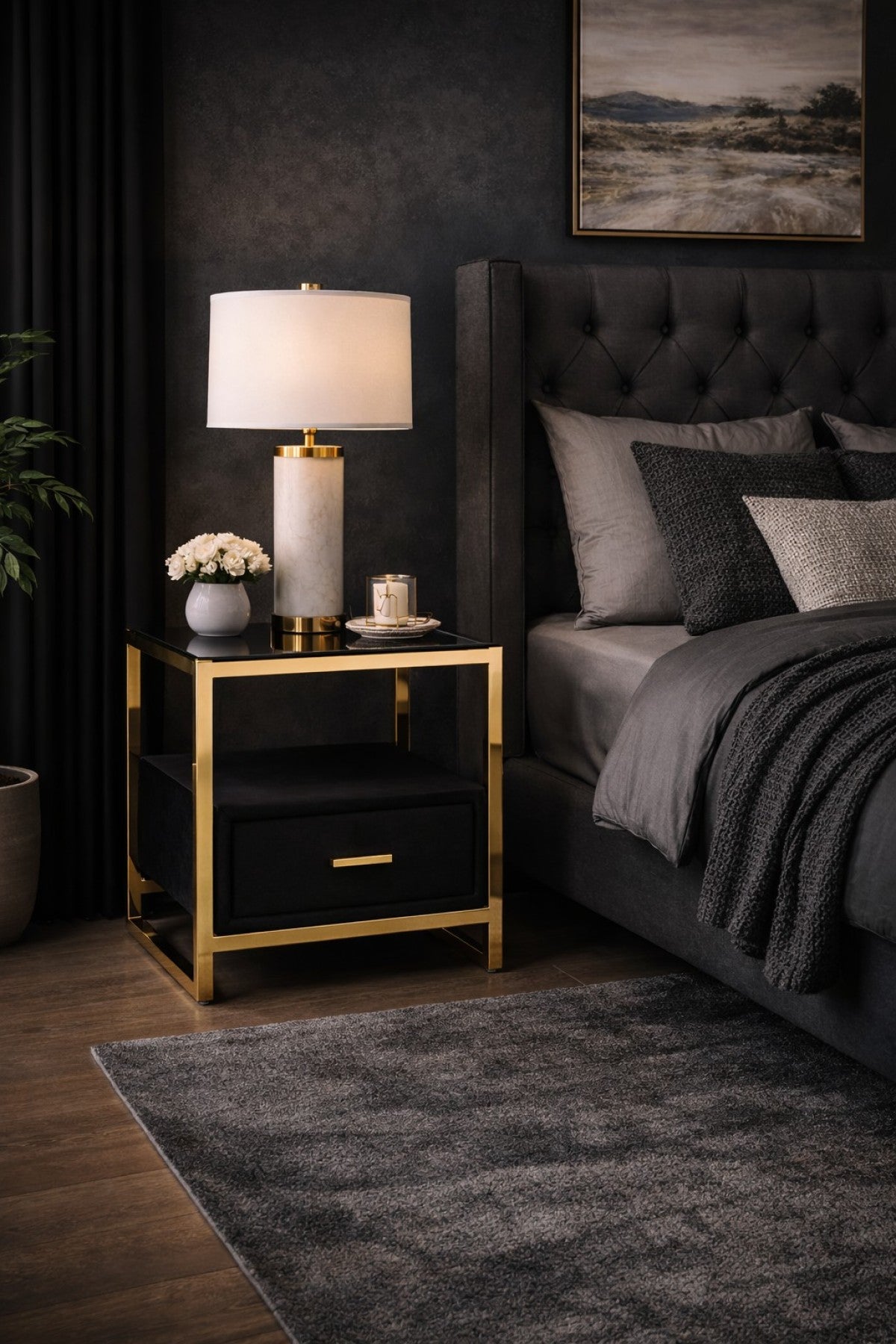 Upholstered Glass Night Stand – Black/Gold
