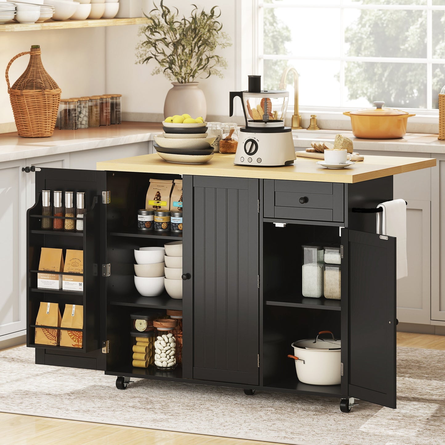 HOMCOM Kitchen Island Cart Drop Leaf Drawer Spice Rack Black