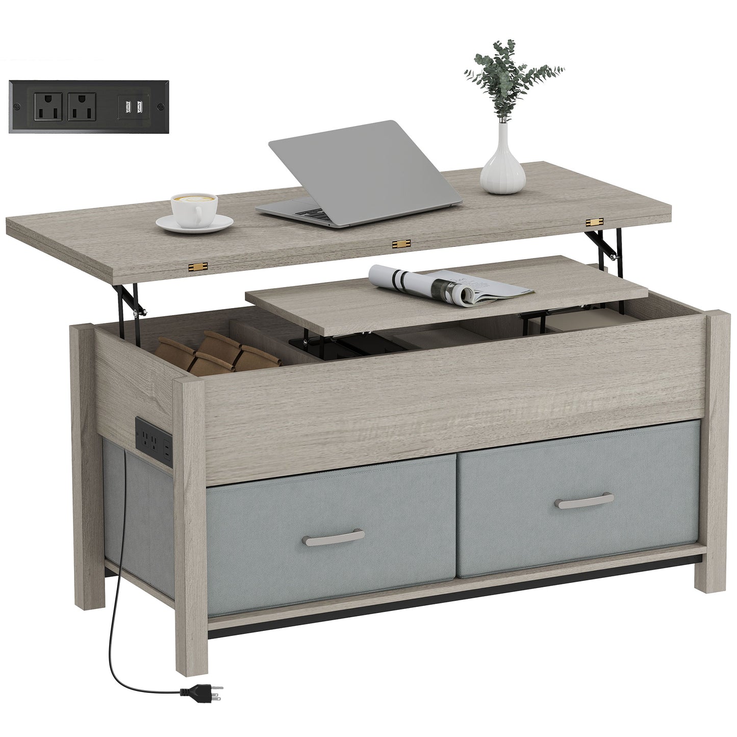 Modern Lift Top Coffee Table with Charging, Hidden Storage & Fabric Drawers