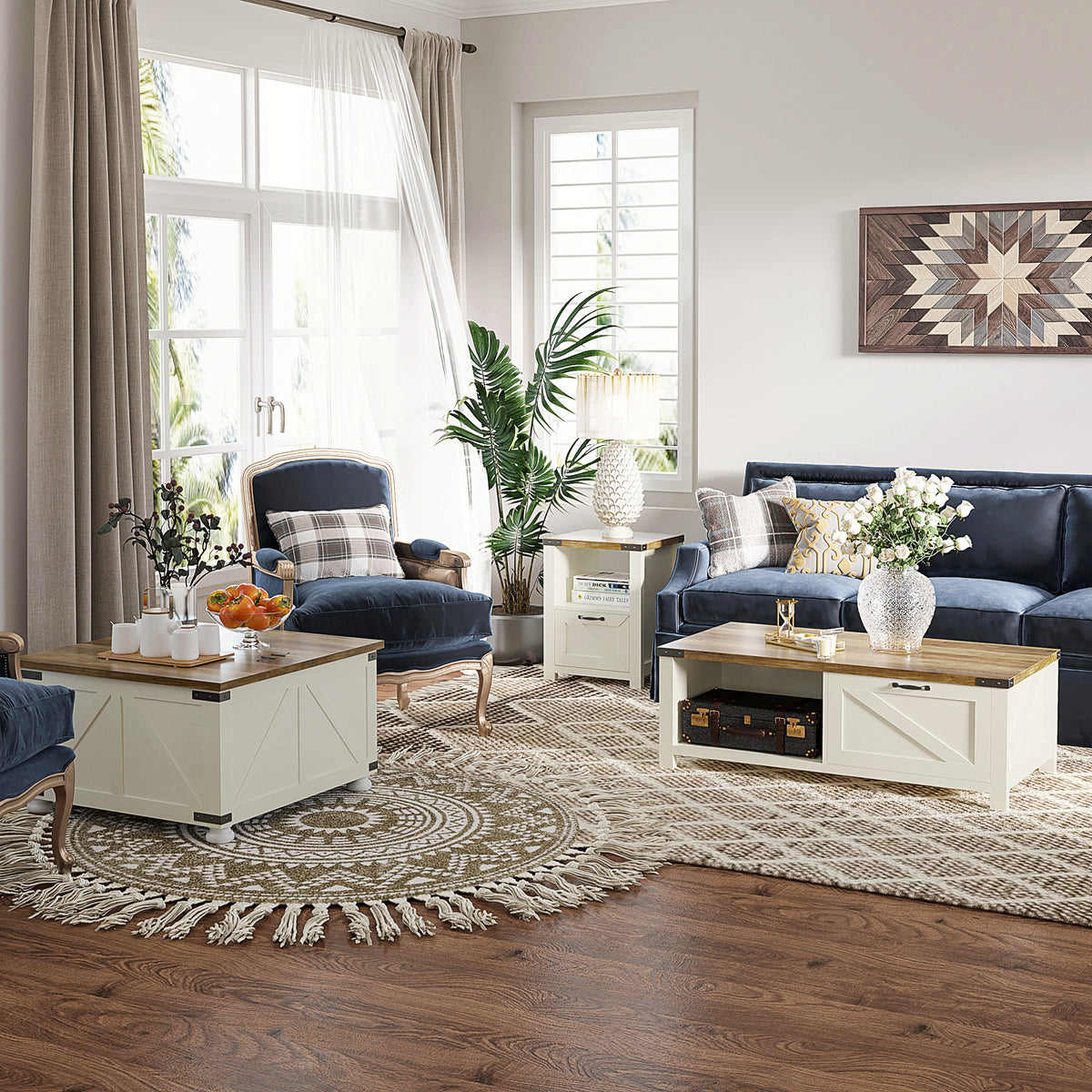 Farmhouse Square Coffee Table with Flip-Top Lids and Hidden Storage