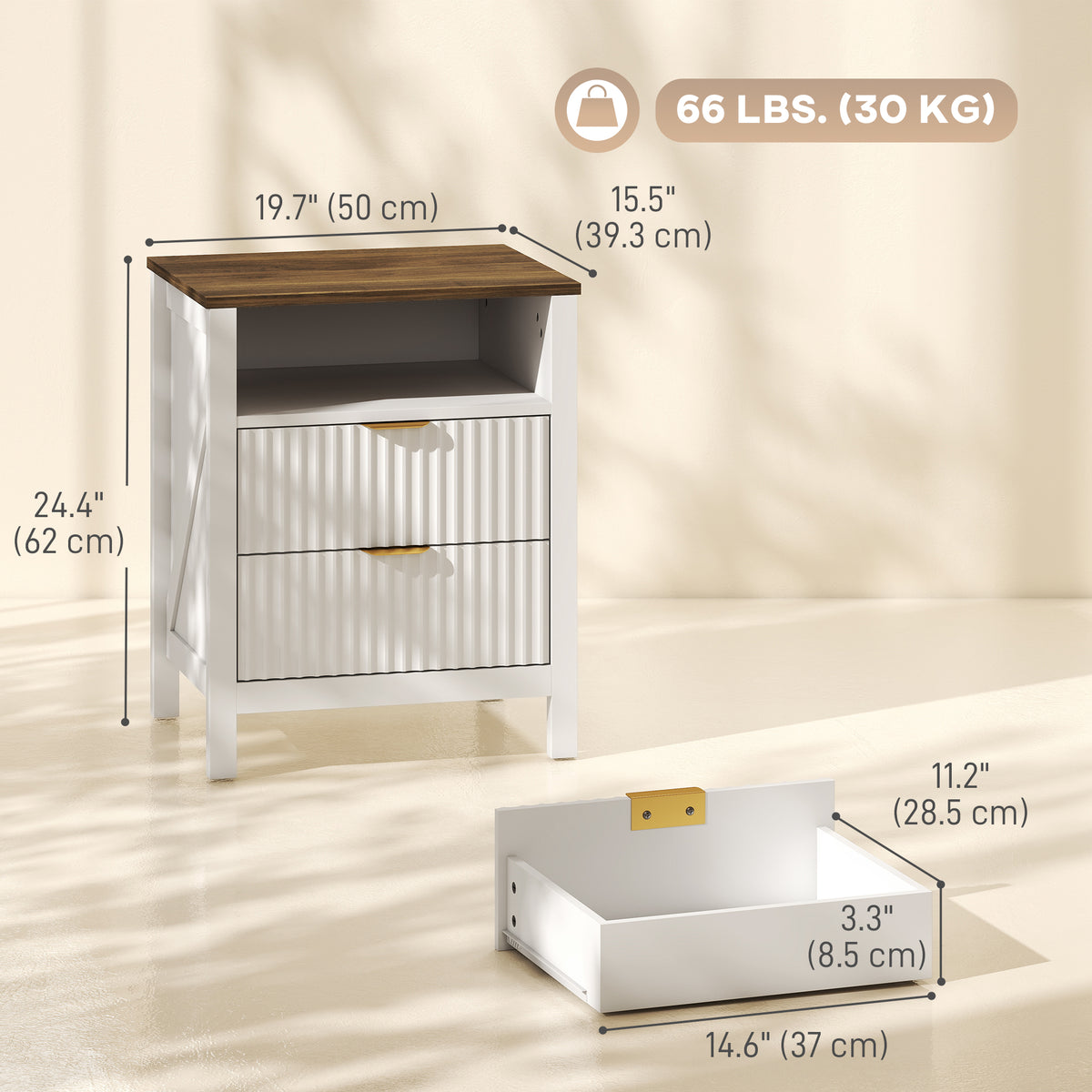 Fluted 2-Drawer Nightstand with Open Shelf – 20"W x 24"H
