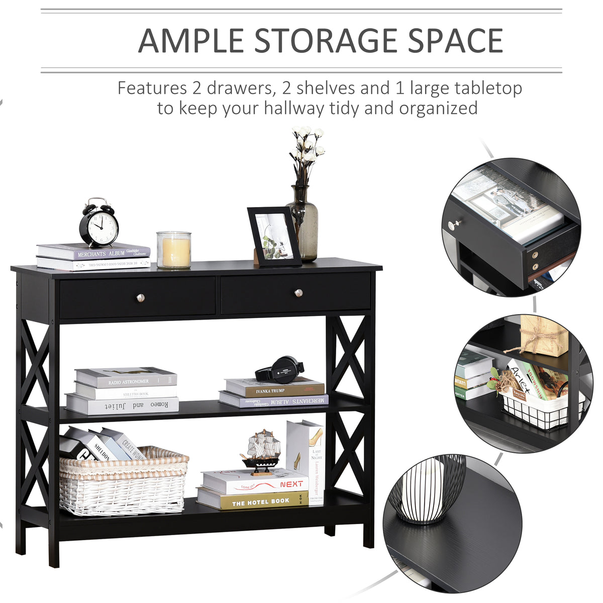 39" Console Table with Drawers, Black