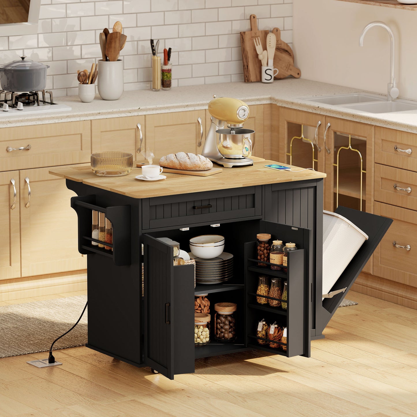 Kitchen Island Cart Portable with Charging Station White