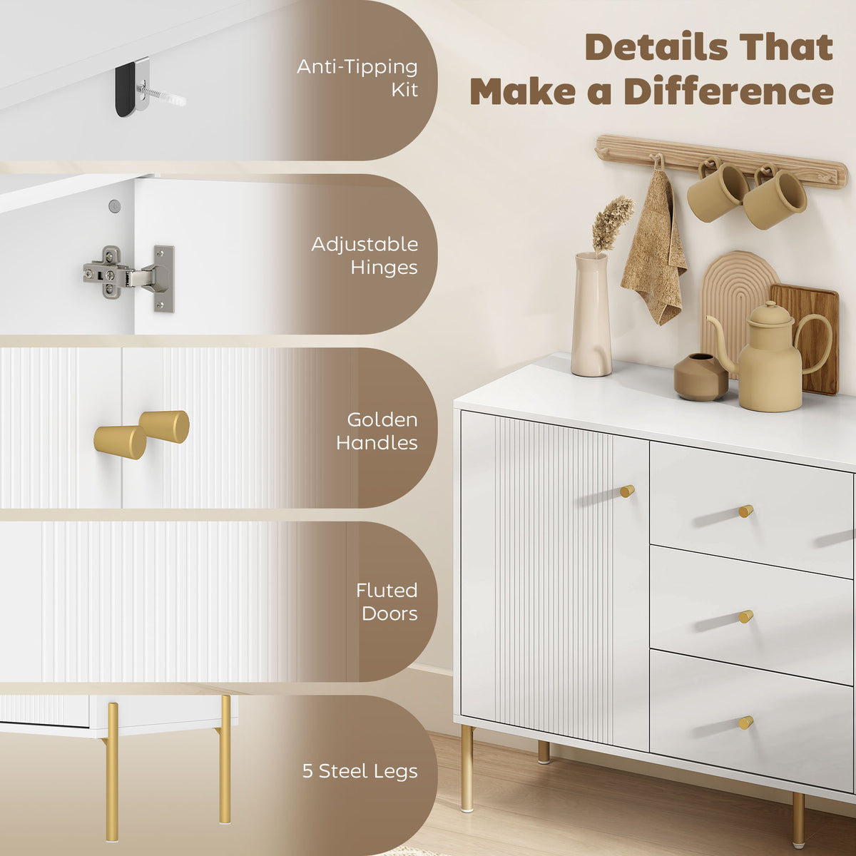 Modern Sideboard with 3 Soft-Close Drawers and 2 Adjustable Shelves – 47"W x 30"H