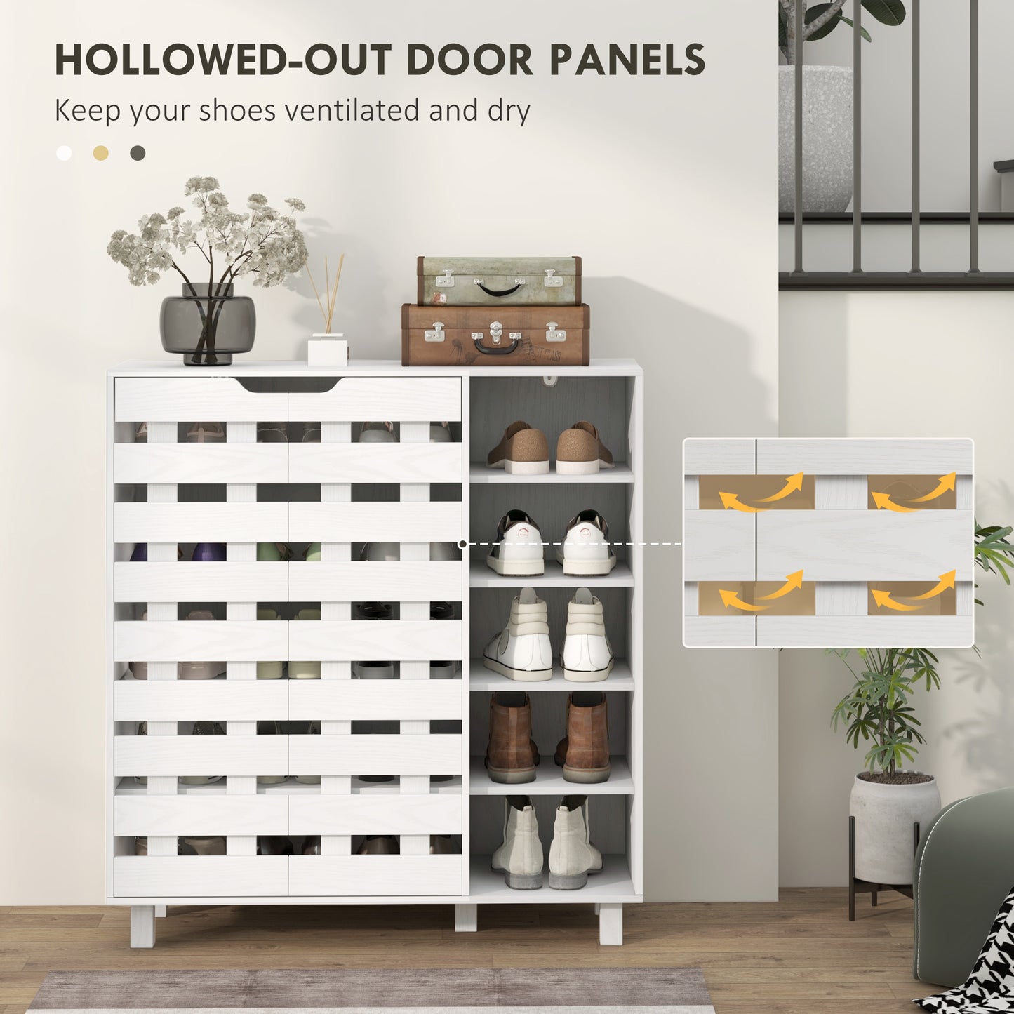 HOMCOM White 5-Tier Shoe Cabinet Organizer: Double Door & Open Shelves