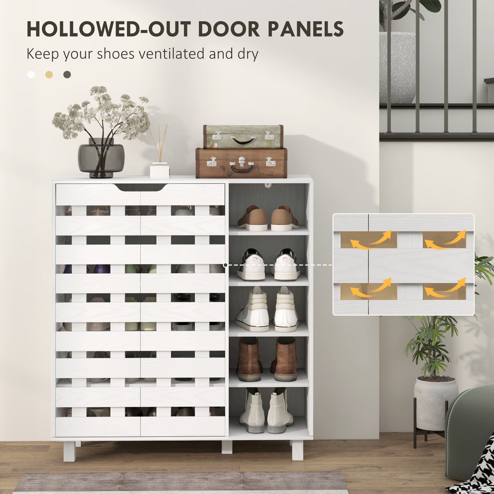 HOMCOM White 5-Tier Shoe Cabinet Organizer: Double Door & Open Shelves