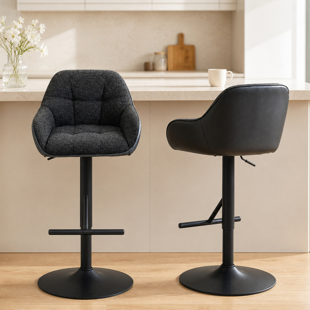 Linen-Look Swivel Bar Stools with Back, Armrests and Footrest, Set of 2