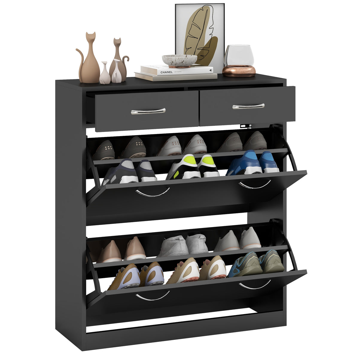 Narrow Shoe Storage with 2 Flip Drawers and Adjustable Shelves – 32"W x 36"H