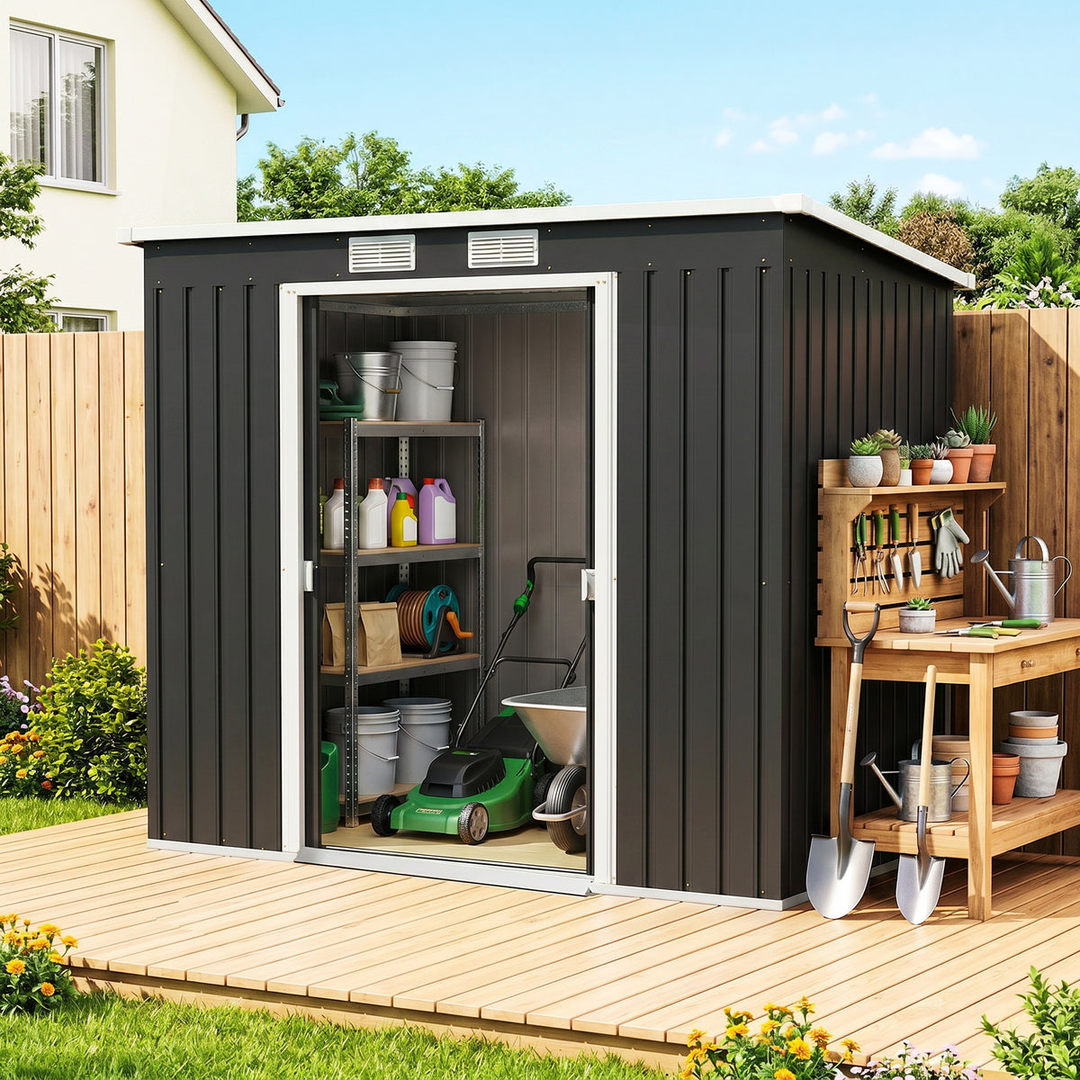 7 x 4ft Galvanised Steel Garden Shed, with Foundation Kit - – Dark Grey
