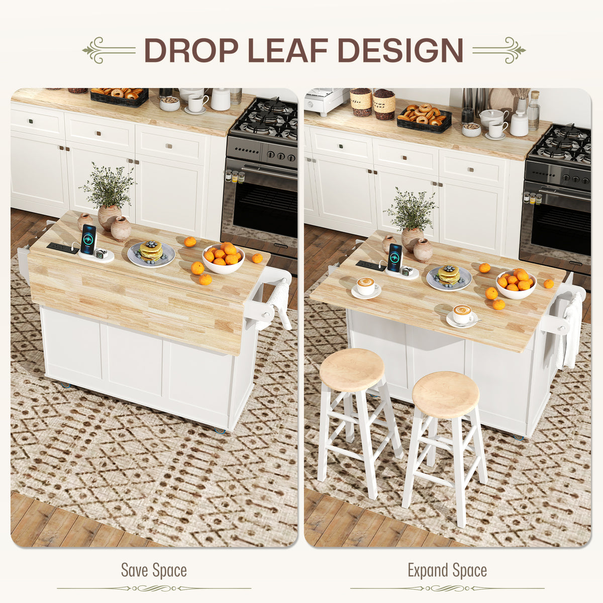 Kitchen Island on Wheels with Drop Leaf – 53"W x 37"H