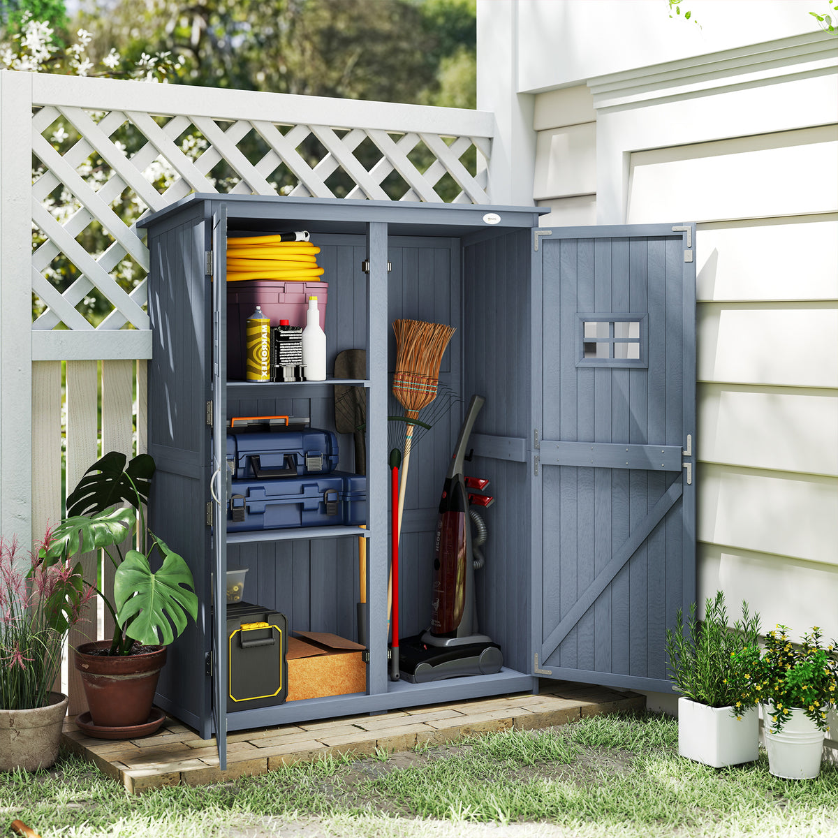 4' x 1.5' Wooden Garden Storage Shed, Outdoor Tool Cabinet Organizer with Windows and Double Door – Dark Grey