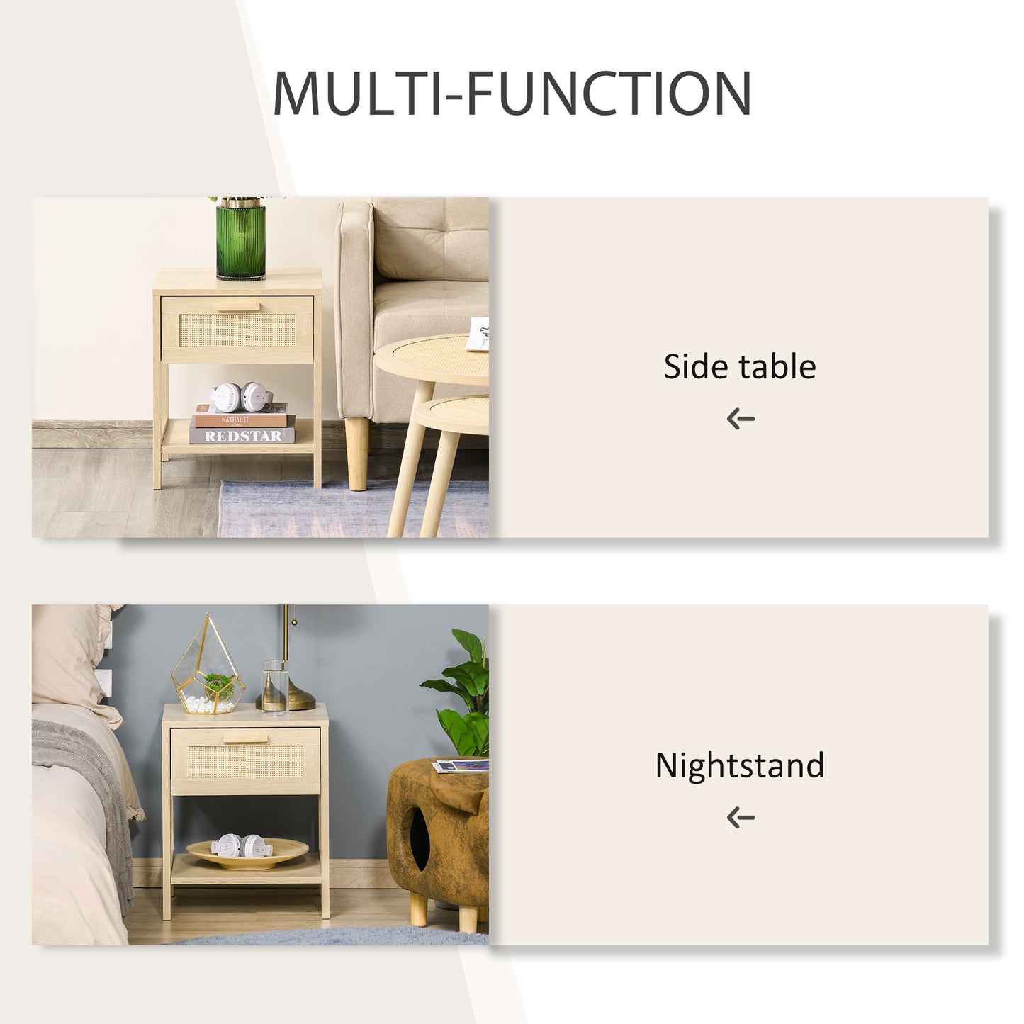 HOMCOM Natural Rattan Nightstand: Modern Bedside End Table with Storage