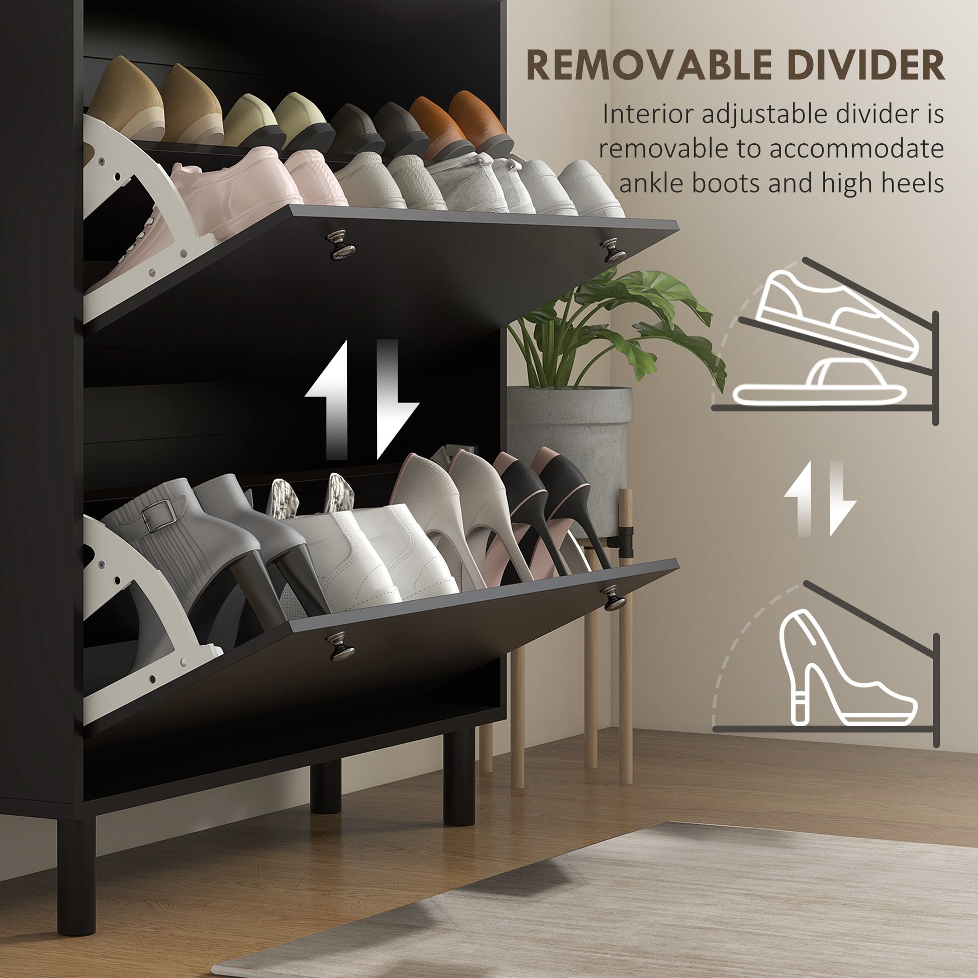 HOMCOM Black Entryway Shoe Cabinet with 3 Flip Drawers, Adjustable Shelves