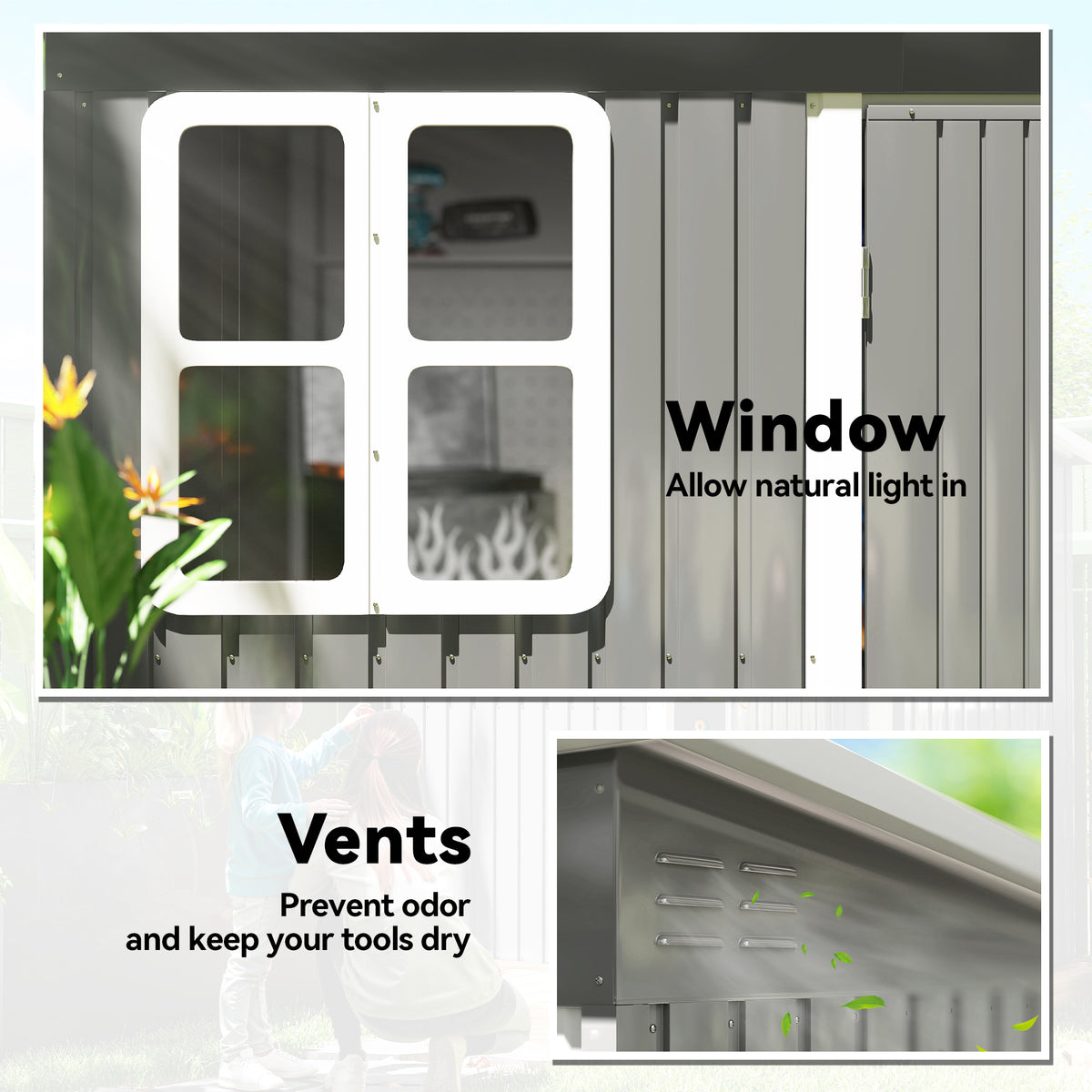 8.5' x 6' Galvanised Steel Outdoor Storage Shed, Garden Shed with Window, Lockable Wide Doors and Air Vents – Grey