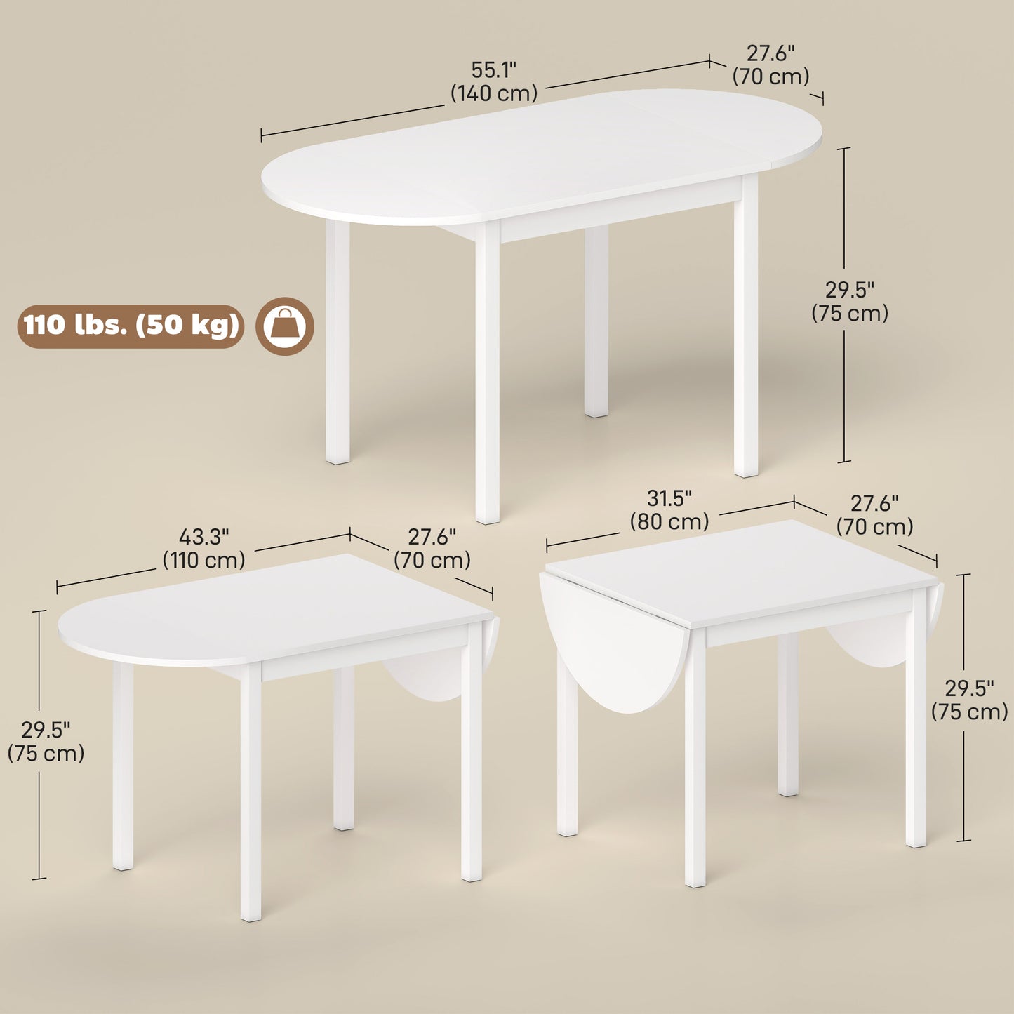 HOMCOM Solid Wood Drop Leaf Dining Table White