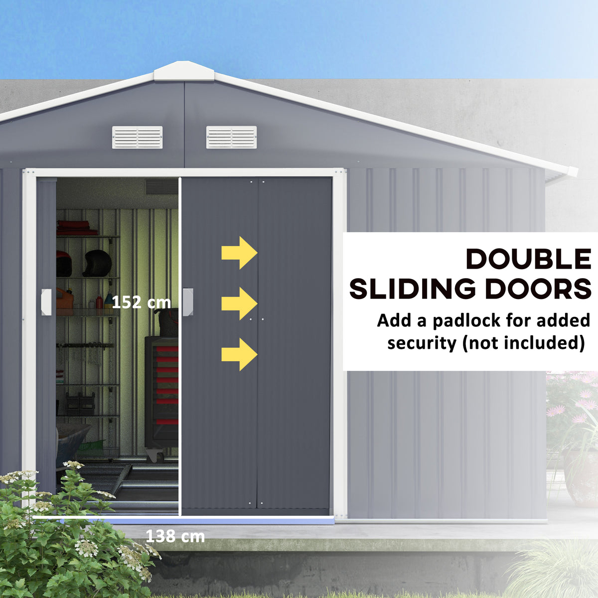 11' x 13'Garden Storage Shed w/ Foundation Kit Metal Tool Storage House w/ Double Doors – Grey