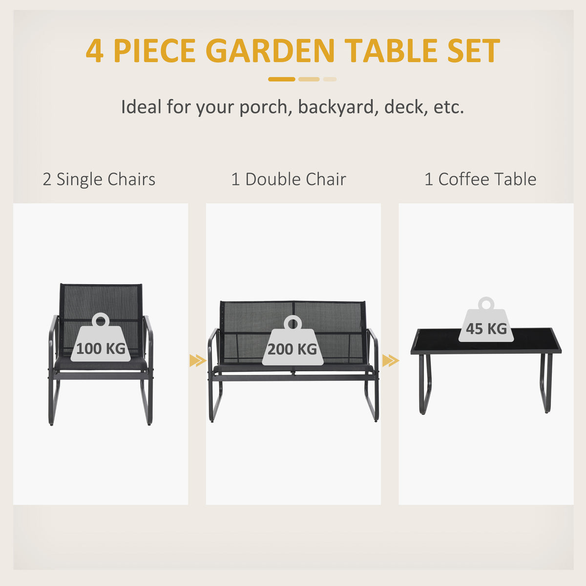 4 Piece Patio Furniture Set, Outdoor Conversation Set with Loveseat Sofa, Armchairs, Glass Top Coffee Table