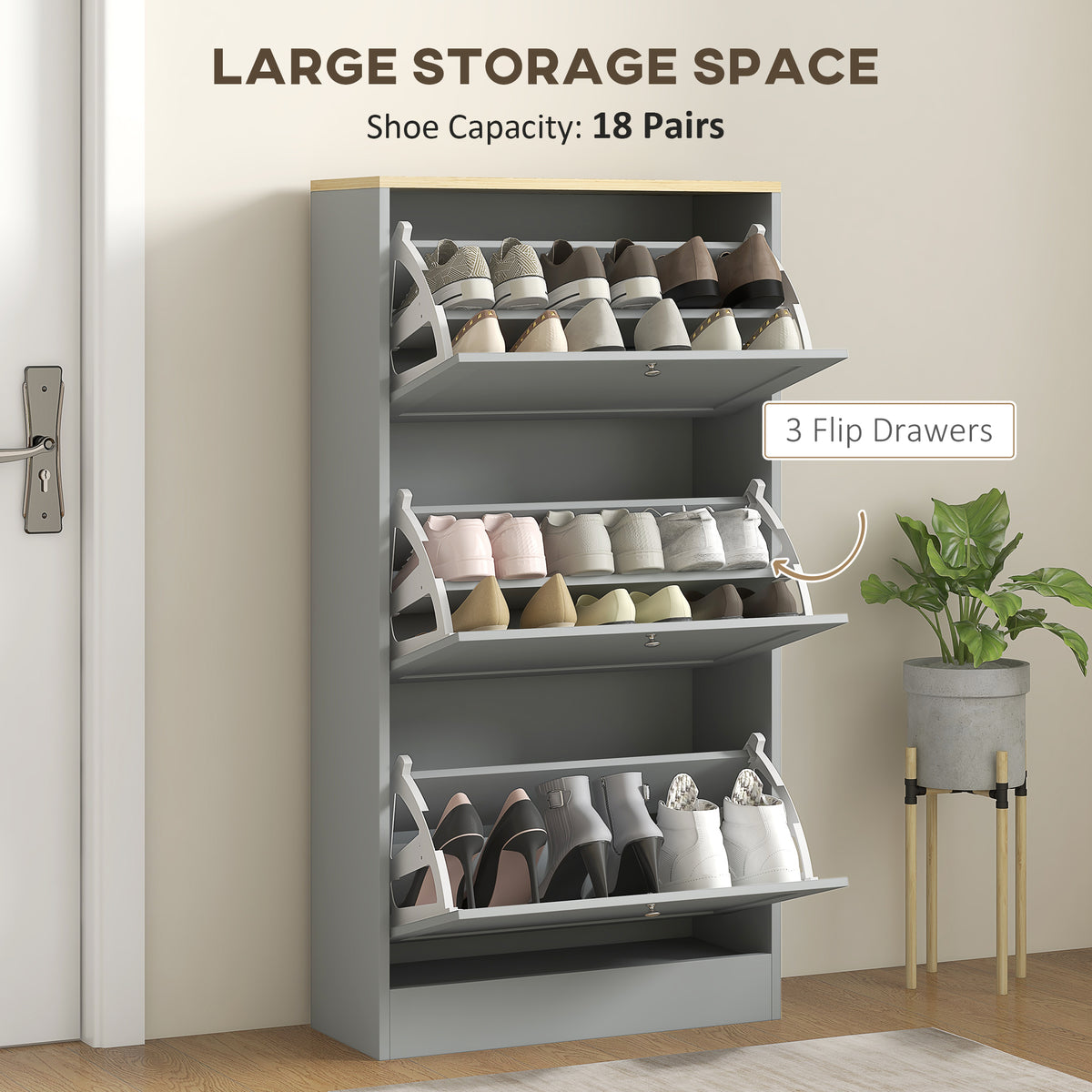 Modern Shoe Storage with 3 Flip Drawers and Adjustable Shelves – 24"W x 45"H