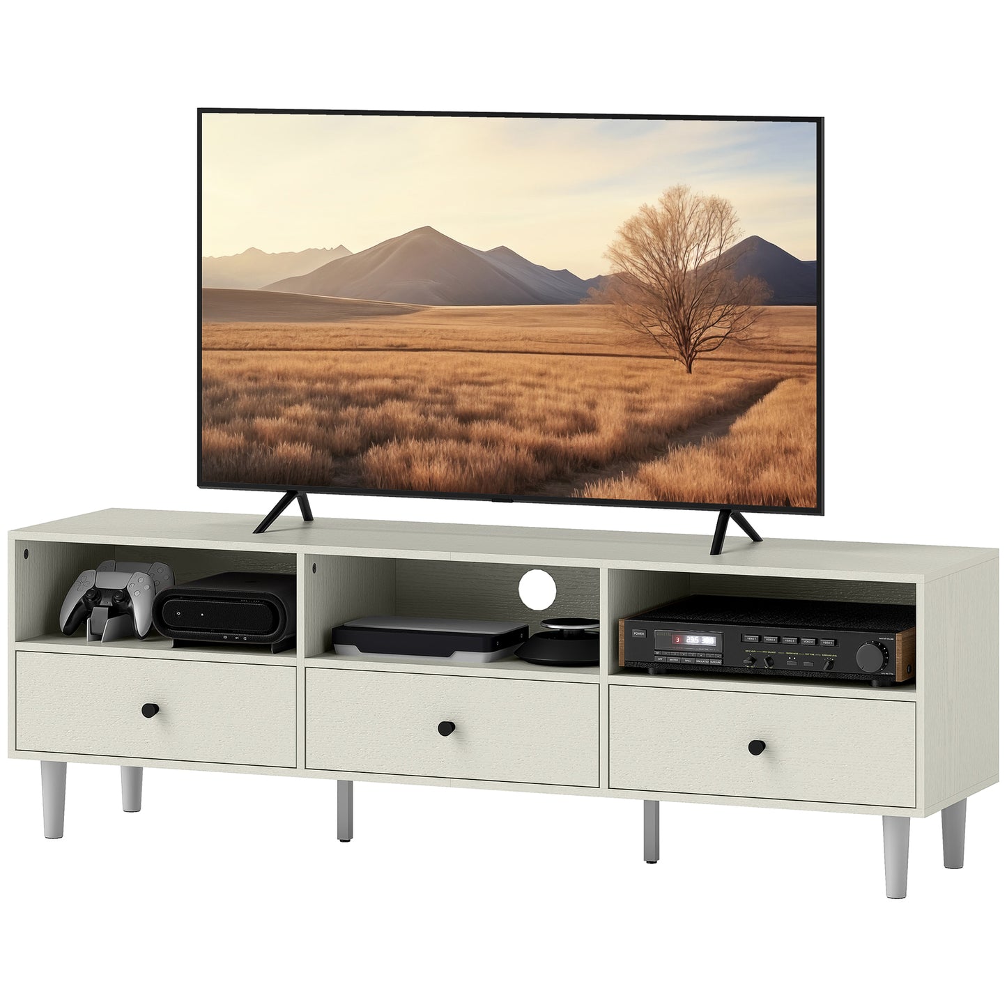 HOMCOM White Modern TV Stand for 75 Inch TVs, 3 Shelves, 3 Drawers