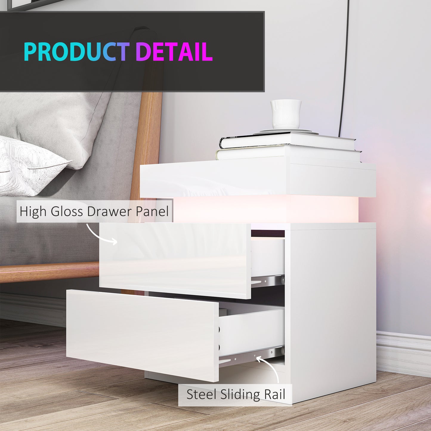Modern Set of 2 HOMCOM LED Nightstands with 2 Drawers, White Bedside Tables