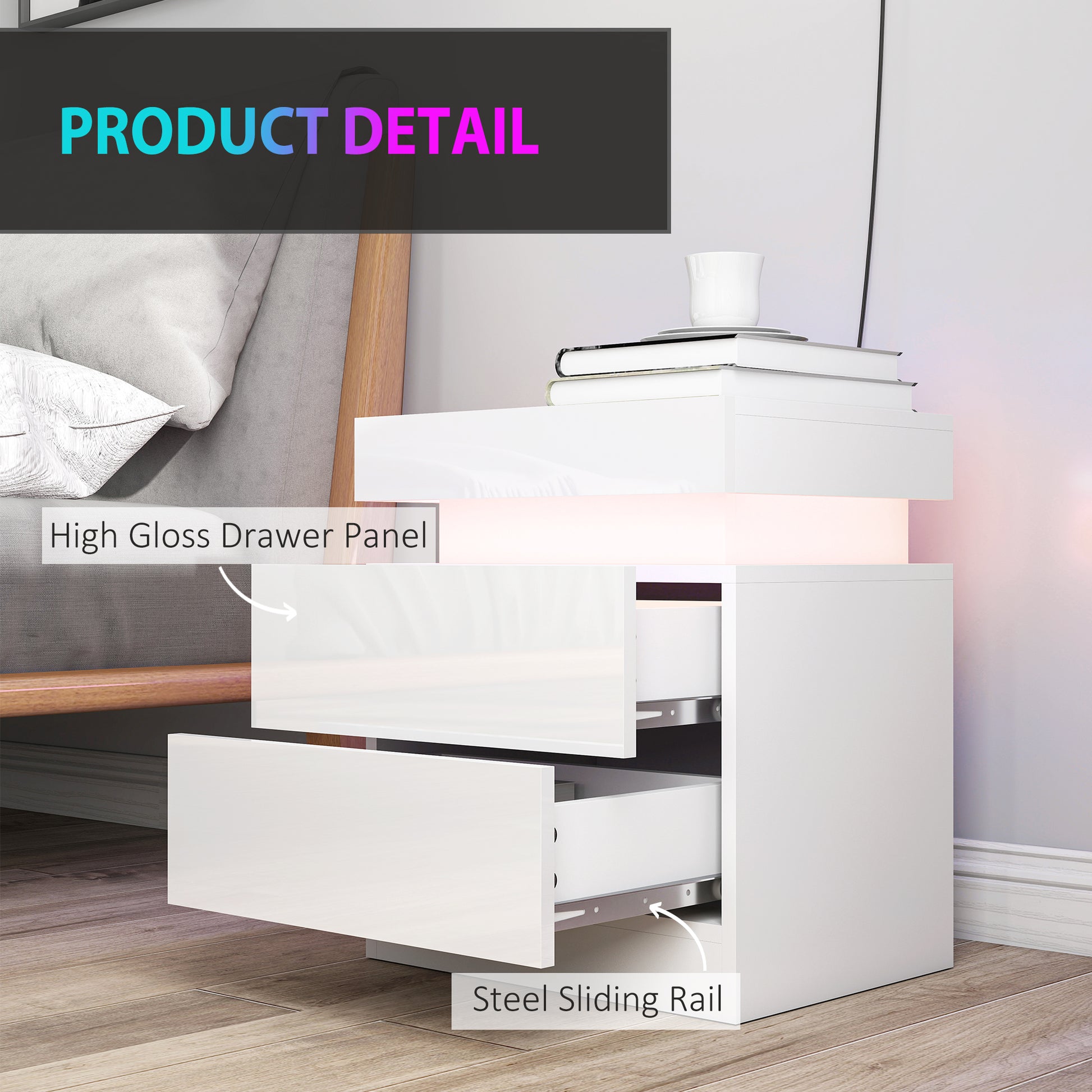 Modern Set of 2 HOMCOM LED Nightstands with 2 Drawers, White Bedside Tables