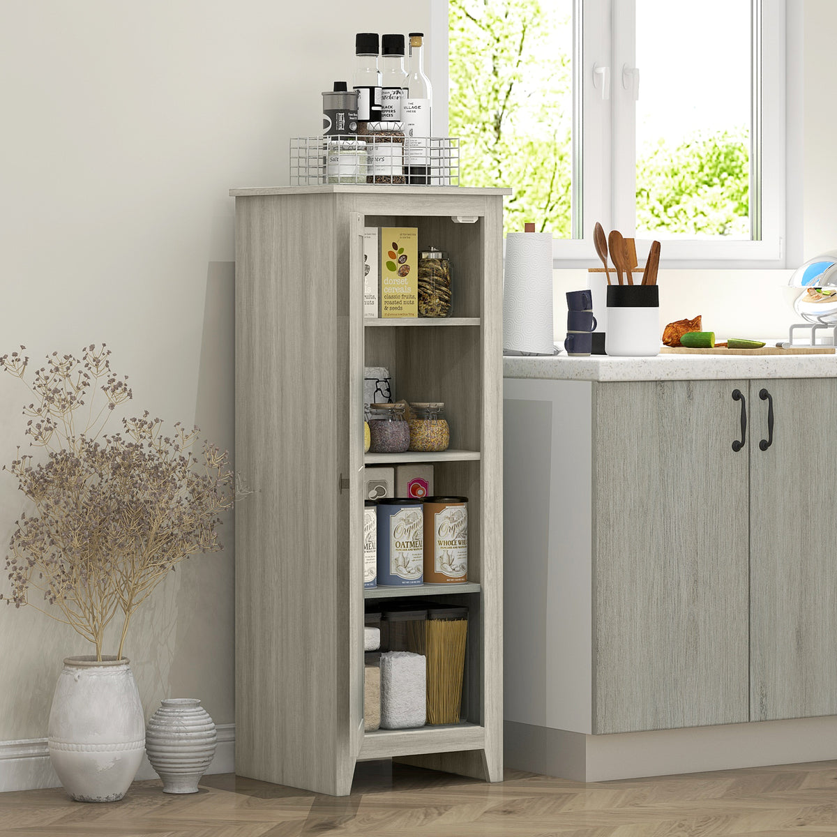 Farmhouse Kitchen Pantry Storage Cabinet with Barn Door – 17"W x 48"H