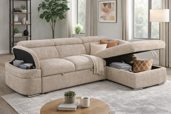 RHF Sectional Sleeper Beige Multi-Functional Pull-Out Sofa With Storage