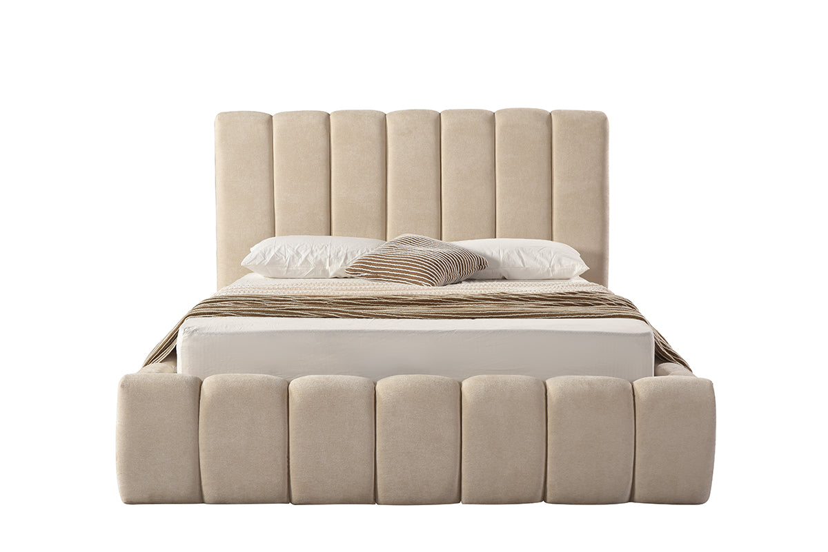 Channel-Tufted Bed Frame – Beige