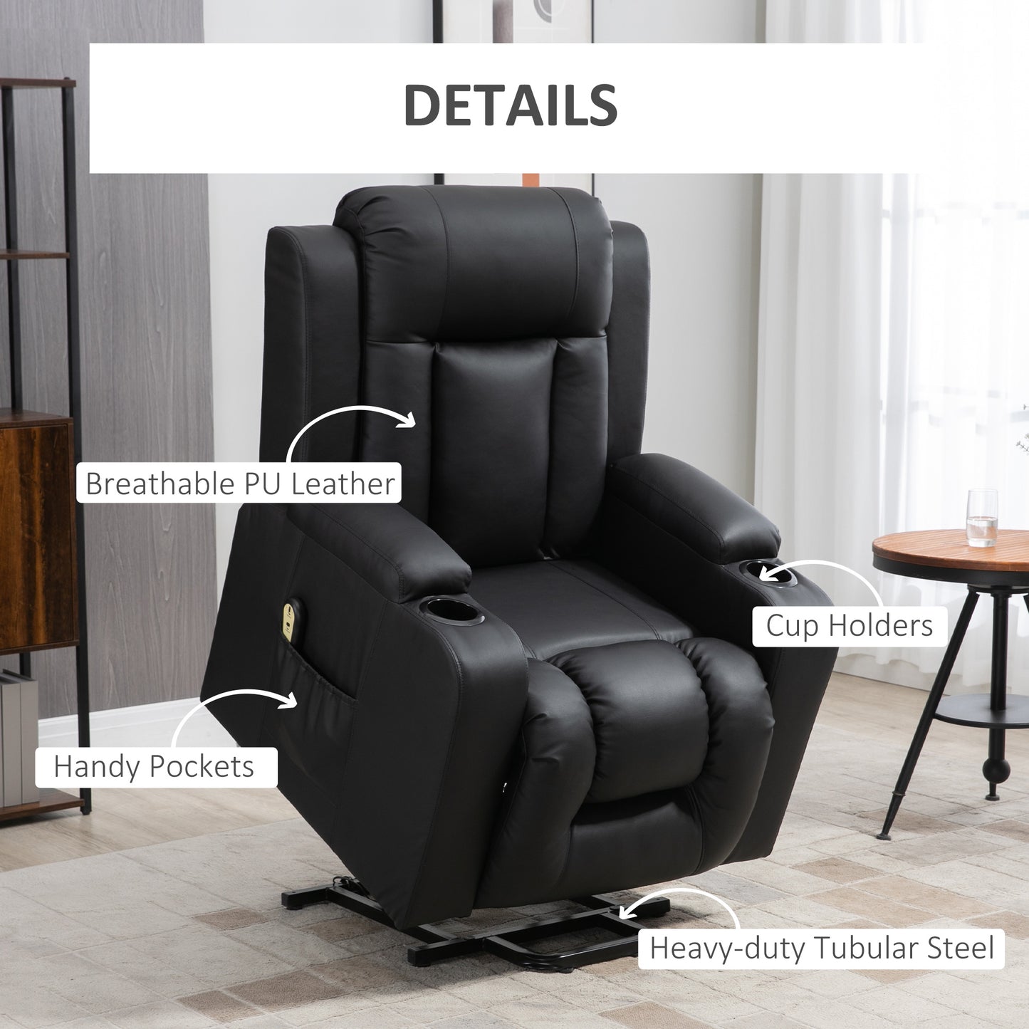HOMCOM Electric Power Lift Recliner Chair, Black PU Leather, Footrest, Cup Holders