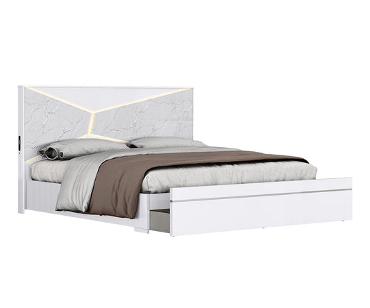 Kyle Modern King Bed: LED Headboard, USB, Storage, White Finish