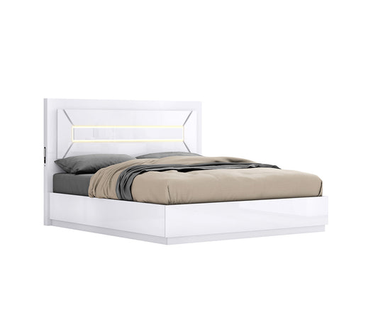 Letty Modern White Queen Bed, LED, USB, Lift-Up Storage