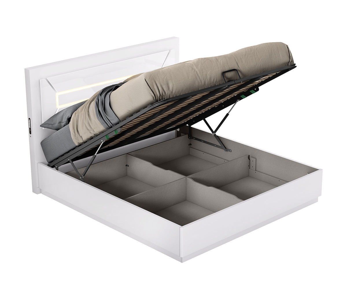 Letty Modern White Queen Bed, LED, USB, Lift-Up Storage