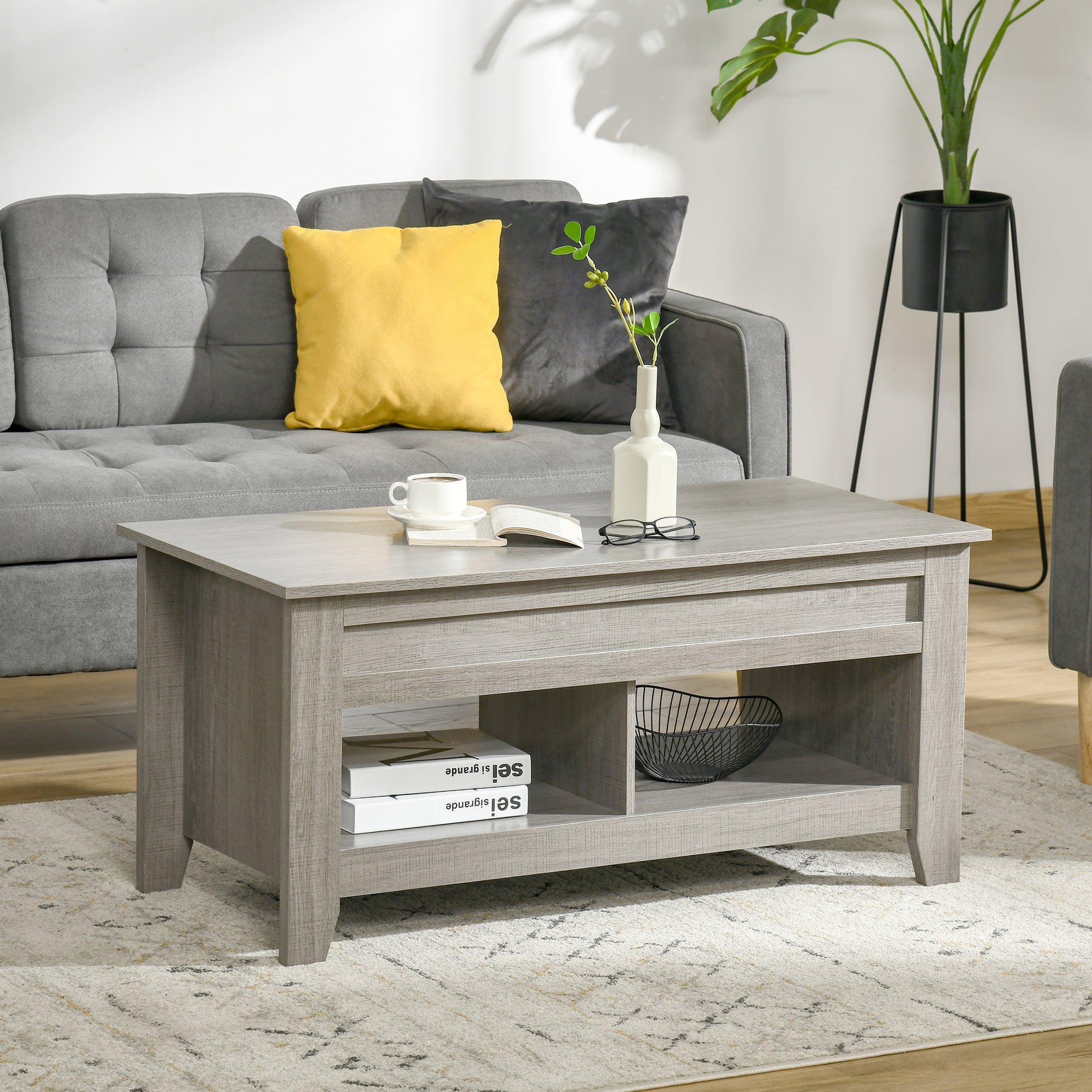 HOMCOM Lift Top Coffee Table: Hidden Storage, Open Shelves, Pop-Up Work Surface