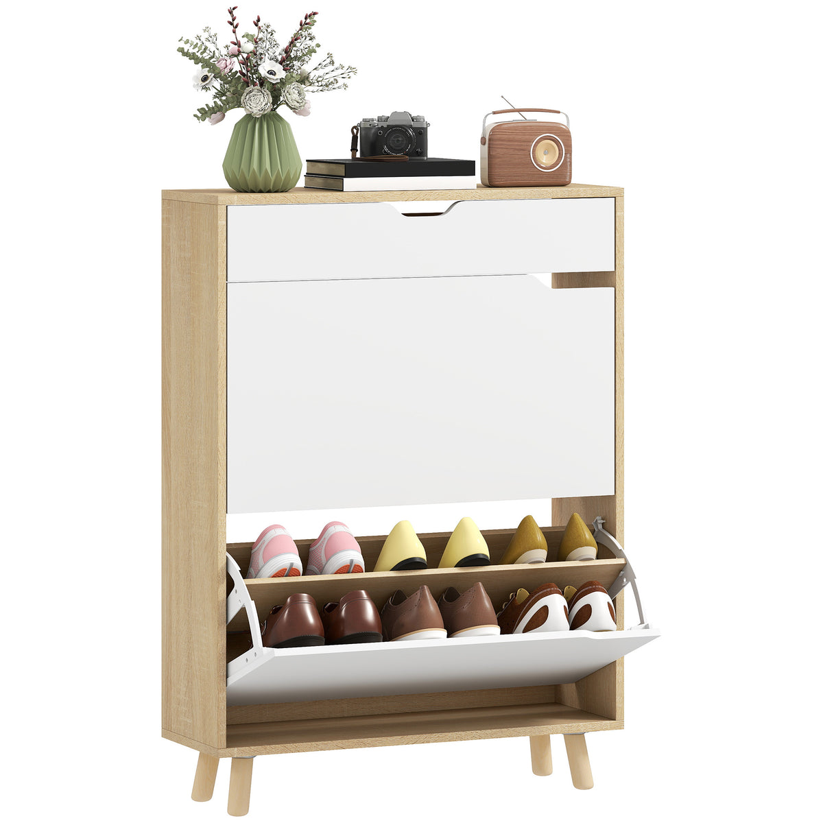 Narrow Shoe Cabinet for Entryway with 2 Flip Drawers – 28"W x 39"H