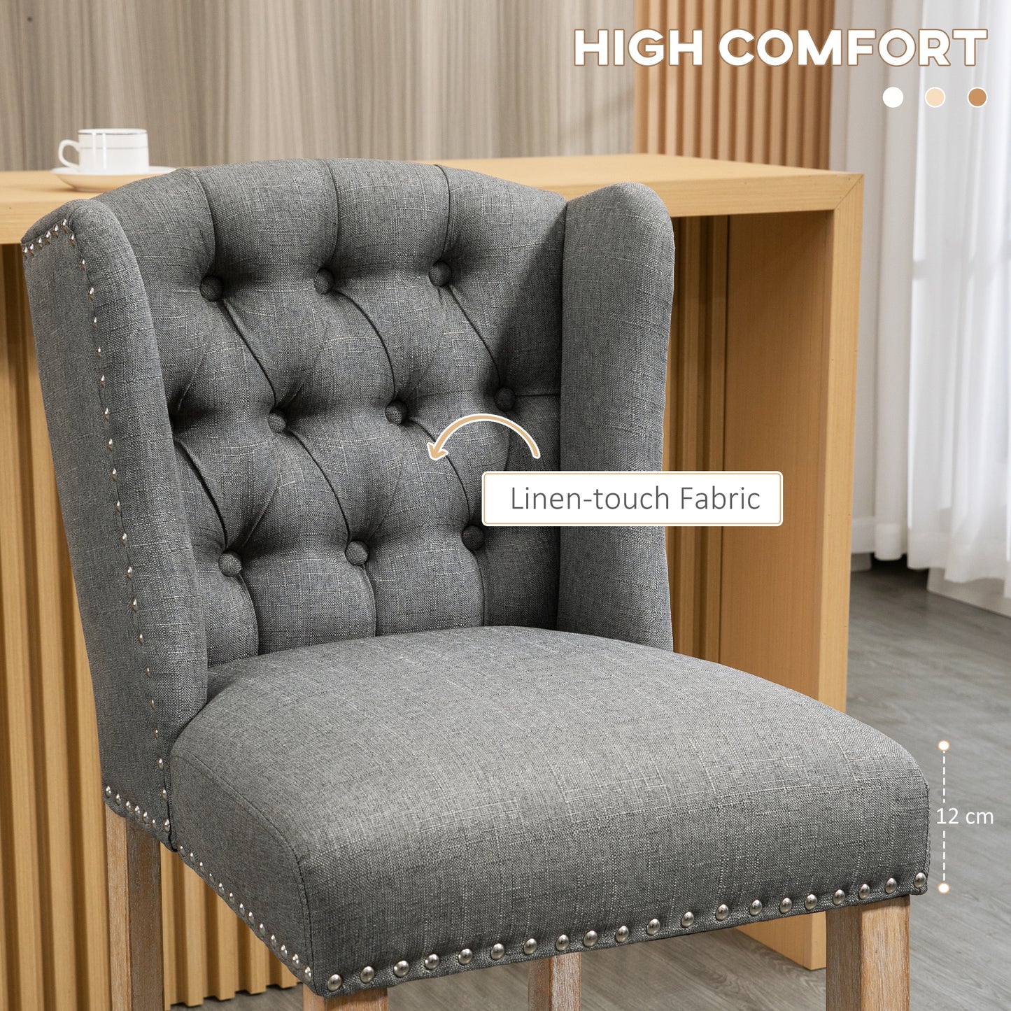 HOMCOM 2-Piece Grey Upholstered Counter Height Bar Stools, Nailhead Backrest