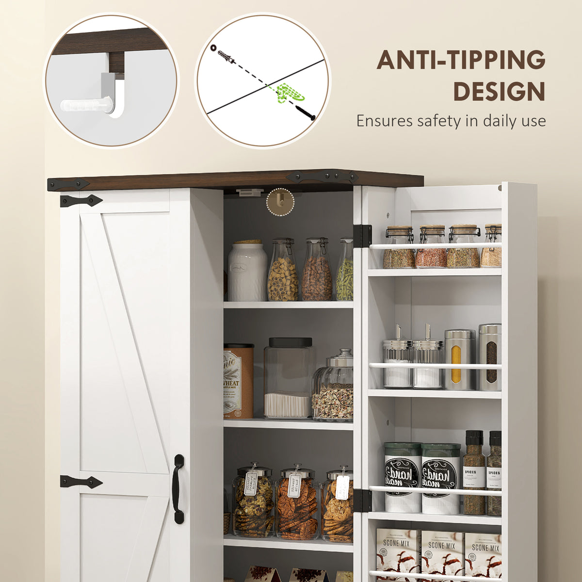 Farmhouse Kitchen Pantry Cabinet with Adjustable Shelves and Door Shelves – 24"W x 47"H