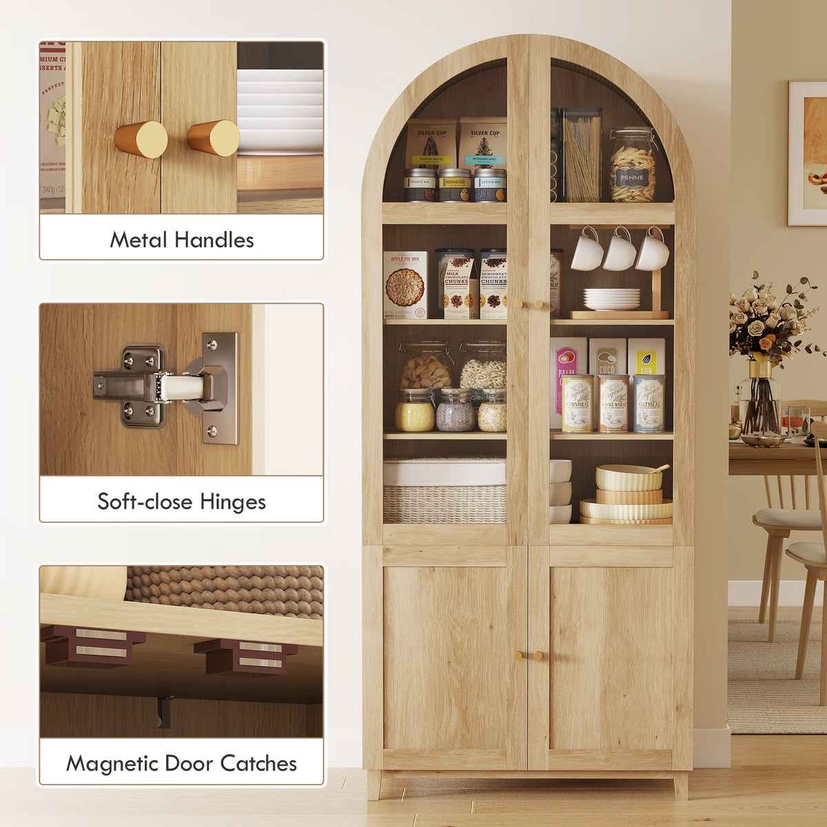 Farmhouse Kitchen Storage Cabinet with Acrylic Glass Doors – 31"W x 71"H