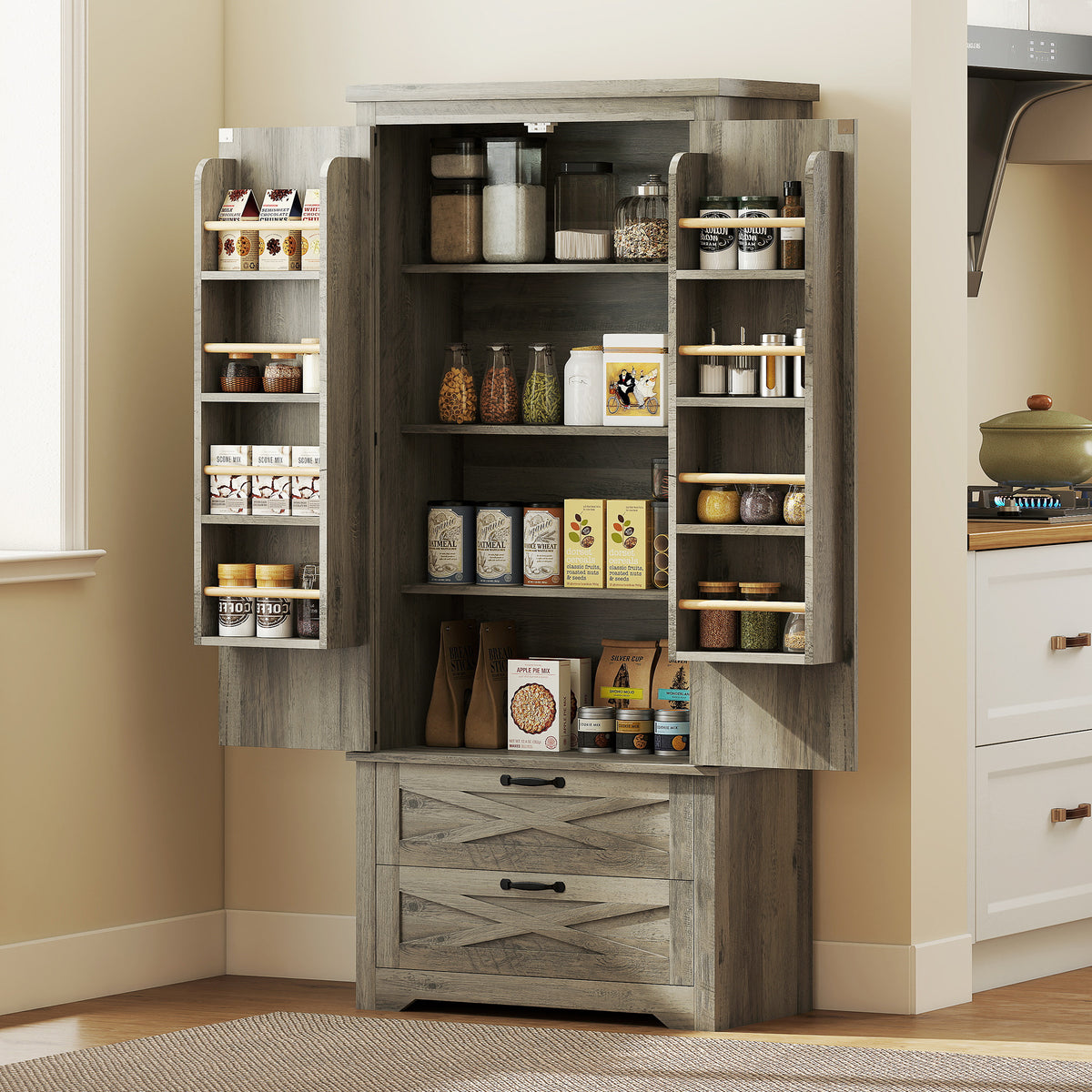 Freestanding Kitchen Pantry Cabinet with Drawers – 29"W x 64"H