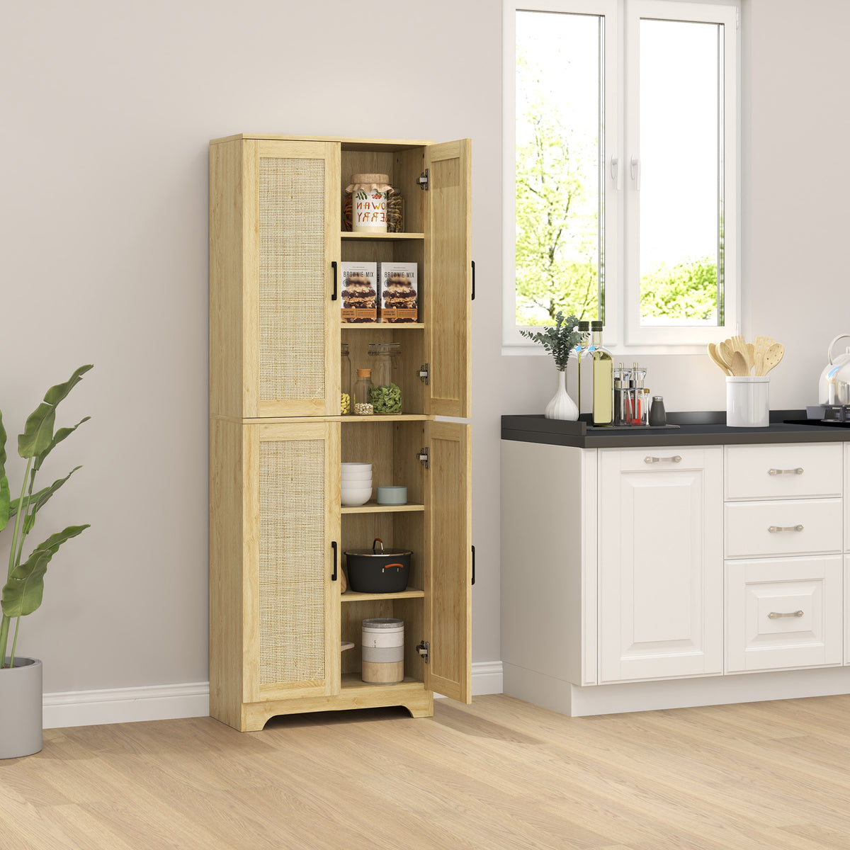 Tall Kitchen Pantry with 4 Rattan Doors and Adjustable Shelves – 24"W x 67"H