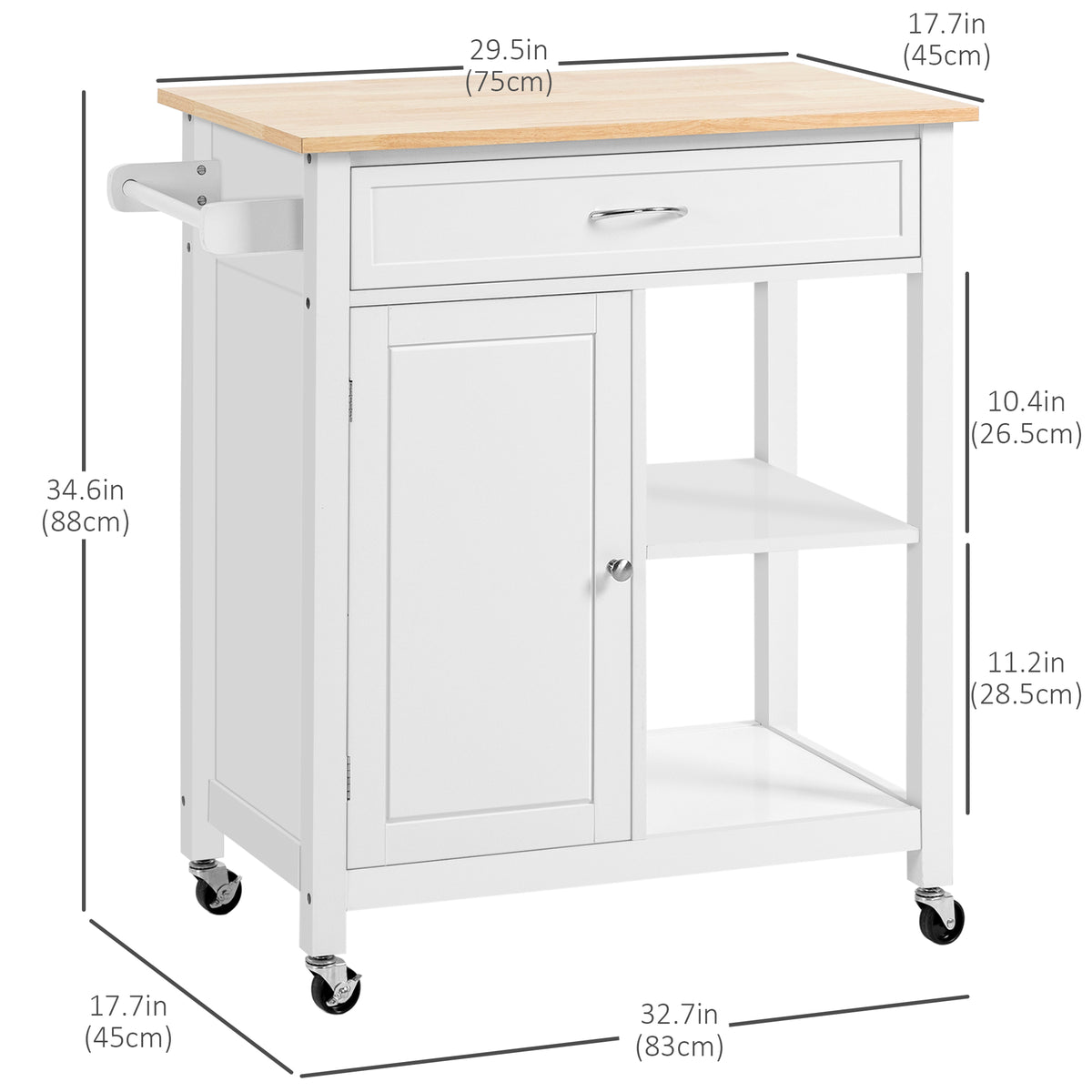 Rolling Kitchen Cart with Wood Top and Drawer – 33"W x 35"H