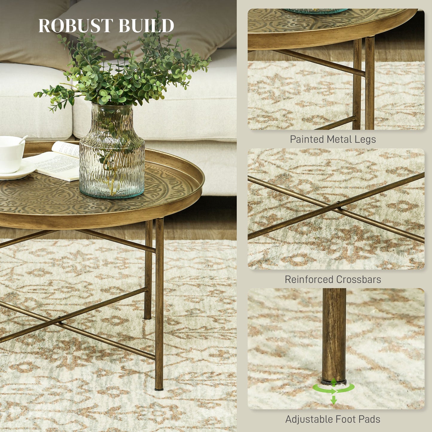 HOMCOM Vintage Gold Coffee Table 24" Round Center – Boho Elegance