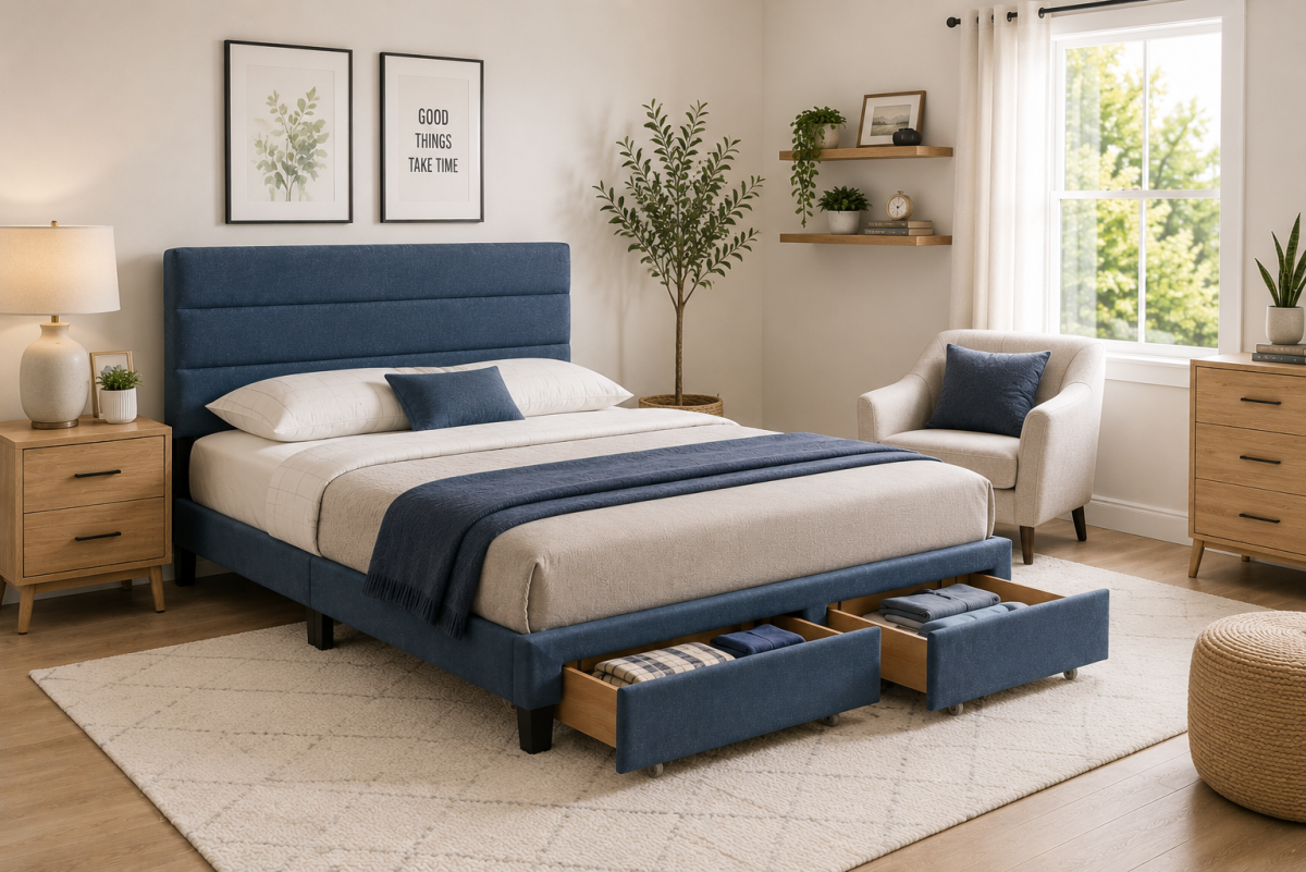 QUEEN PLATFORM STORAGE BED - BLUE
