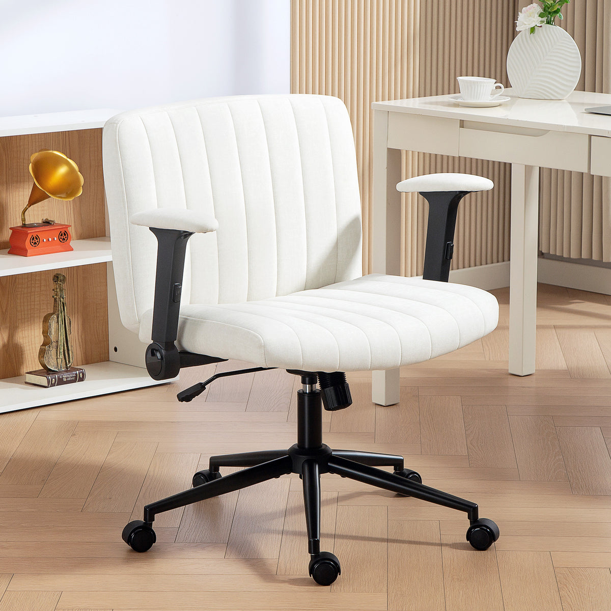 Criss Cross Chair with Flip-up Armrests, Wheels, Cream White